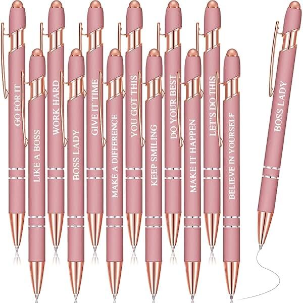 Zonon 12 Pcs Inspirational Pens Gift Set Funny Ballpoint Pen with Stylus Tip Motivational Graduation Gifts Bulk for Teacher Coworkers Nurse School Office Supplies(Rose Gold,Boss Lady) - Product Image