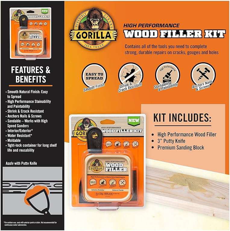 Gorilla All Purpose Wood Filler Wood Repair Kit with Putty Knife and Sanding Block - Image 2