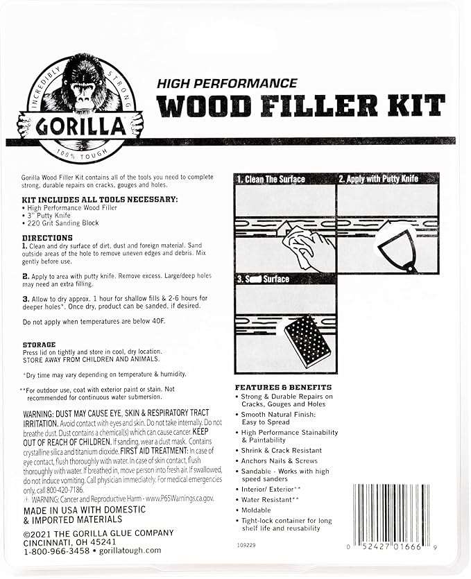 Gorilla All Purpose Wood Filler Wood Repair Kit with Putty Knife and Sanding Block - Image 8