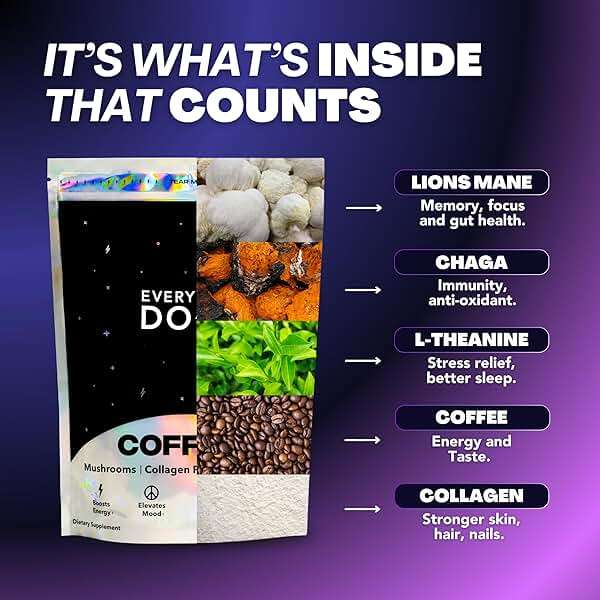 Everyday Dose Premium Adaptogenic Mushroom Coffee with Grass-Fed Collagen, Chaga, Lions Mane & L-Theanine for Better Focus, Energy, Digestion, Skin, and Immunity 30 Servings - Image 3