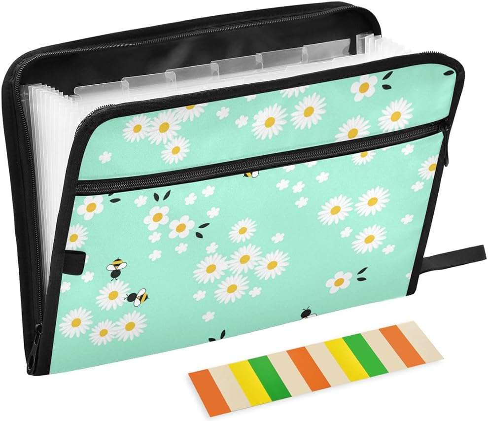 ZZKKO Cartoon Bees Daisy Flower 13 Pockets Expanding File Folder with Sticky Labels Accordion File Folder Document Organizer Letter Size A4 Papers Expandable File Keeper - Image 1