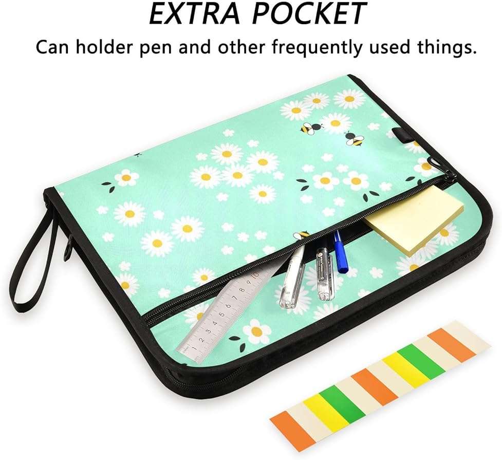ZZKKO Cartoon Bees Daisy Flower 13 Pockets Expanding File Folder with Sticky Labels Accordion File Folder Document Organizer Letter Size A4 Papers Expandable File Keeper - Image 2
