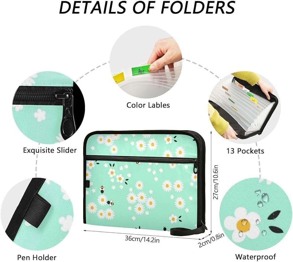 ZZKKO Cartoon Bees Daisy Flower 13 Pockets Expanding File Folder with Sticky Labels Accordion File Folder Document Organizer Letter Size A4 Papers Expandable File Keeper - Image 3