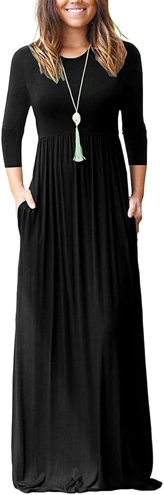 WNEEDU Women's 3/4 Sleeve Casual Loose Long Maxi Dresses with Pocket - Product Image