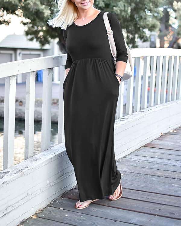 WNEEDU Women's 3/4 Sleeve Casual Loose Long Maxi Dresses with Pocket - Image 4