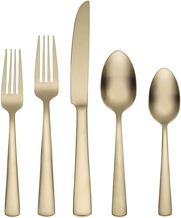 Oneida Silverware Set For 4, Aptitude Champagne Satin 20-Piece Flatware Set, Service For 4, 18/0 Stainless Steel Silverware Set, Dishwasher Safe, Knives Spoons and Forks Set, (Champagne, 20 Piece) - Image 1
