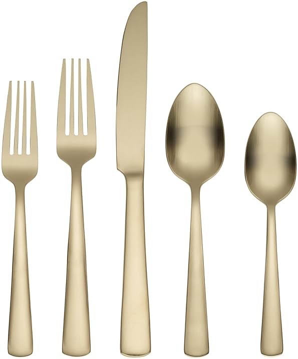 Oneida Silverware Set For 4, Aptitude Champagne Satin 20-Piece Flatware Set, Service For 4, 18/0 Stainless Steel Silverware Set, Dishwasher Safe, Knives Spoons and Forks Set, (Champagne, 20 Piece) - Product Image