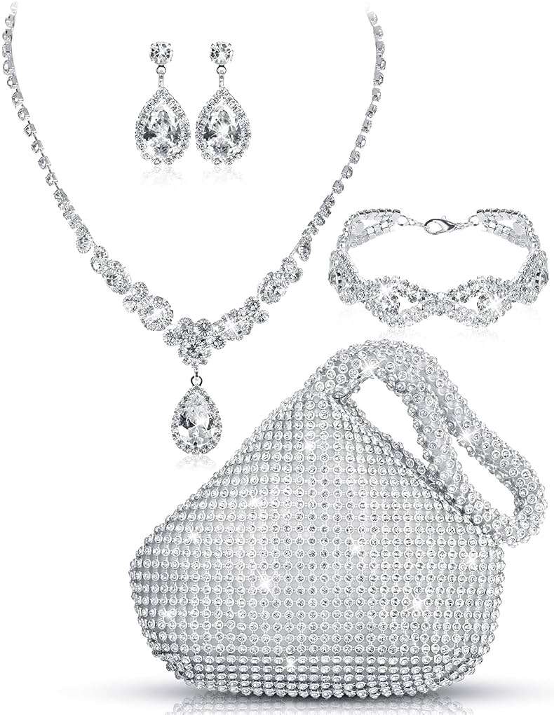 Meanplan 4 Pcs Silver Clutch Purse Jewelry Set for Women Rave Accessories Evening Rhinestone Purse Silver for Bride Wedding - Image 1