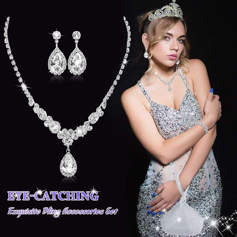 Meanplan 4 Pcs Silver Clutch Purse Jewelry Set for Women Rave Accessories Evening Rhinestone Purse Silver for Bride Wedding - Image 2