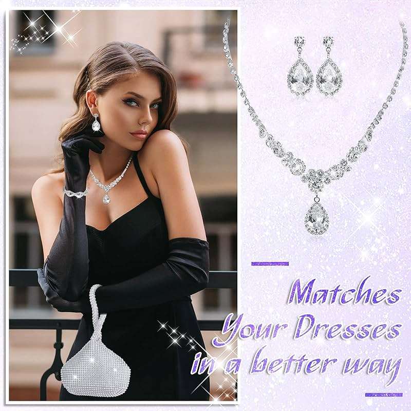 Meanplan 4 Pcs Silver Clutch Purse Jewelry Set for Women Rave Accessories Evening Rhinestone Purse Silver for Bride Wedding - Image 4