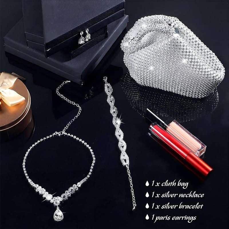 Meanplan 4 Pcs Silver Clutch Purse Jewelry Set for Women Rave Accessories Evening Rhinestone Purse Silver for Bride Wedding - Image 7