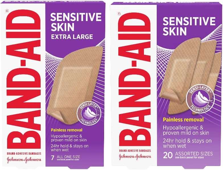 Band-Aid Brand Adhesive Bandages for Sensitive Skin, Hypoallergenic Sterile First-Aid Bandages Suitable for Eczema-Prone Skin, 20 CT Box of Assorted Sizes + 7 CT Box of Extra Large Size - Image 1