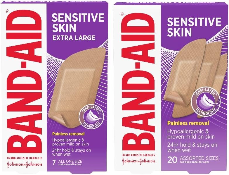 Band-Aid Brand Adhesive Bandages for Sensitive Skin, Hypoallergenic Sterile First-Aid Bandages Suitable for Eczema-Prone Skin, 20 CT Box of Assorted Sizes + 7 CT Box of Extra Large Size - Product Image
