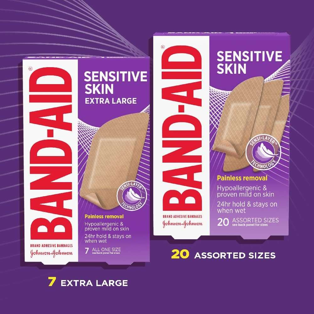 Band-Aid Brand Adhesive Bandages for Sensitive Skin, Hypoallergenic Sterile First-Aid Bandages Suitable for Eczema-Prone Skin, 20 CT Box of Assorted Sizes + 7 CT Box of Extra Large Size - Image 2