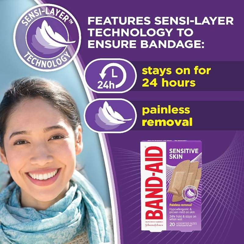 Band-Aid Brand Adhesive Bandages for Sensitive Skin, Hypoallergenic Sterile First-Aid Bandages Suitable for Eczema-Prone Skin, 20 CT Box of Assorted Sizes + 7 CT Box of Extra Large Size - Image 3