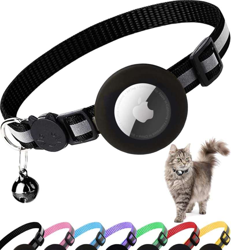 Dgerp Airtag Cat Collar Breakaway, Reflective Kitten Collar with Apple Air Tag Holder and Bell for Girl Boy Cats, 0.4 Inches in Width and Lightweight(Black) - Image 1