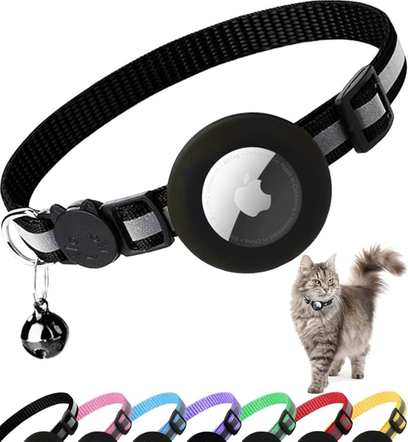 Dgerp Airtag Cat Collar Breakaway, Reflective Kitten Collar with Apple Air Tag Holder and Bell for Girl Boy Cats, 0.4 Inches in Width and Lightweight(Black) - Product Image