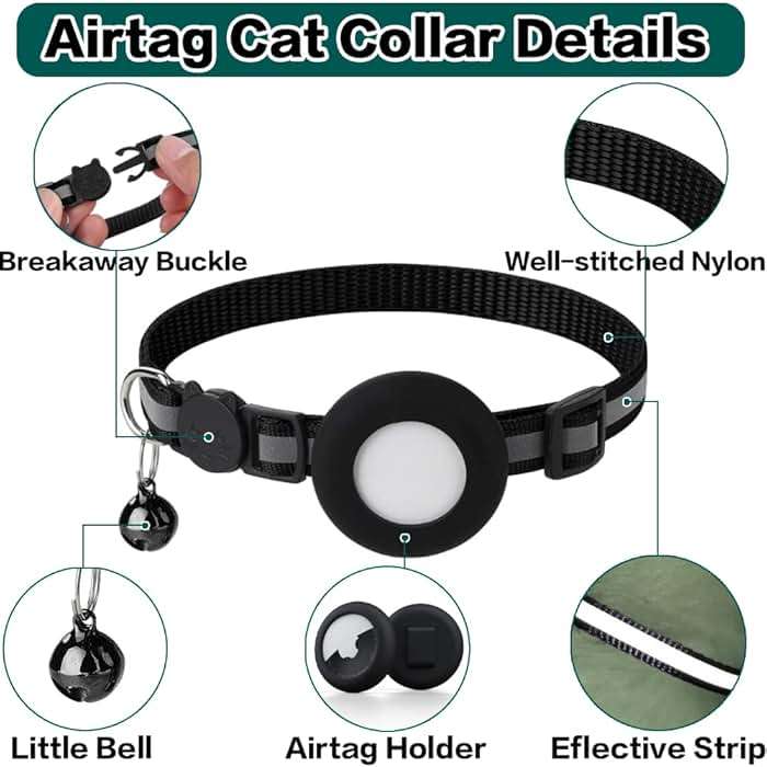 Dgerp Airtag Cat Collar Breakaway, Reflective Kitten Collar with Apple Air Tag Holder and Bell for Girl Boy Cats, 0.4 Inches in Width and Lightweight(Black) - Image 5