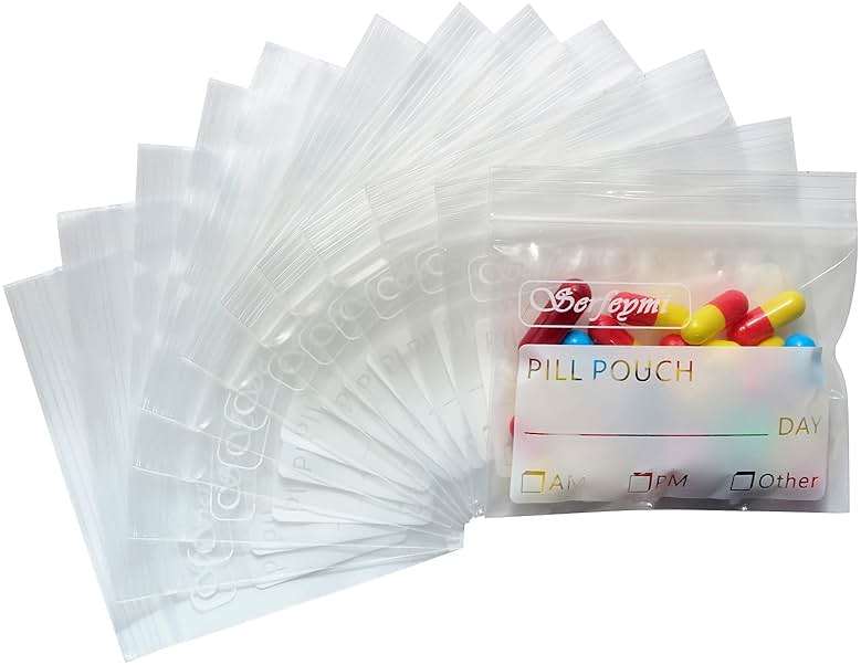 Serfeymi Pill Bags for Travel Pill Pouch Organizer Pack of 120 BPA Free 3 x 2.75 inch Reusable Pill Pouches for Medicine with Write on Label & Zipper Seal Waterproof AM PM Pill Baggies for Supplements - Image 1
