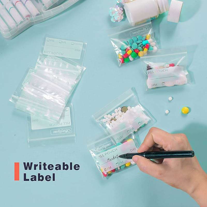 Serfeymi Pill Bags for Travel Pill Pouch Organizer Pack of 120 BPA Free 3 x 2.75 inch Reusable Pill Pouches for Medicine with Write on Label & Zipper Seal Waterproof AM PM Pill Baggies for Supplements - Image 4
