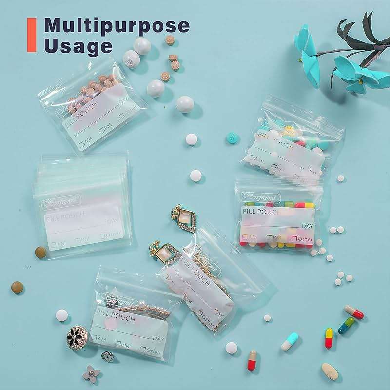 Serfeymi Pill Bags for Travel Pill Pouch Organizer Pack of 120 BPA Free 3 x 2.75 inch Reusable Pill Pouches for Medicine with Write on Label & Zipper Seal Waterproof AM PM Pill Baggies for Supplements - Image 5