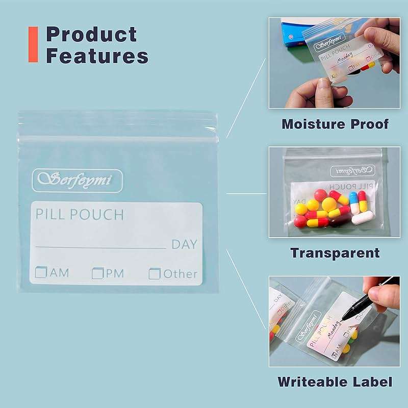 Serfeymi Pill Bags for Travel Pill Pouch Organizer Pack of 120 BPA Free 3 x 2.75 inch Reusable Pill Pouches for Medicine with Write on Label & Zipper Seal Waterproof AM PM Pill Baggies for Supplements - Image 6