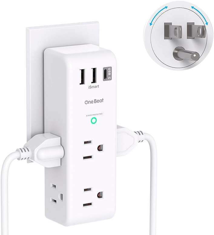 Surge Protector Outlet Extender - with Rotating Plug, 6 AC Multi Plug Outlet with 4 USB Ports (2 USB C), 1800J Wall Charger, 3-Sided Power Strip with Spaced Outlet Splitter for Home, Office, Travel - Image 1