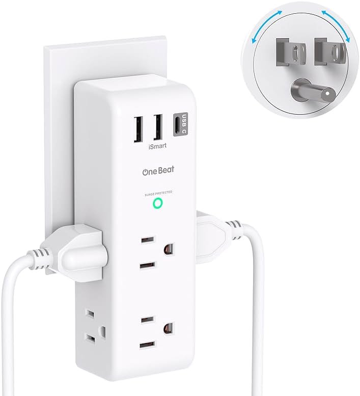 Surge Protector Outlet Extender - with Rotating Plug, 6 AC Multi Plug Outlet with 4 USB Ports (2 USB C), 1800J Wall Charger, 3-Sided Power Strip with Spaced Outlet Splitter for Home, Office, Travel - Product Image