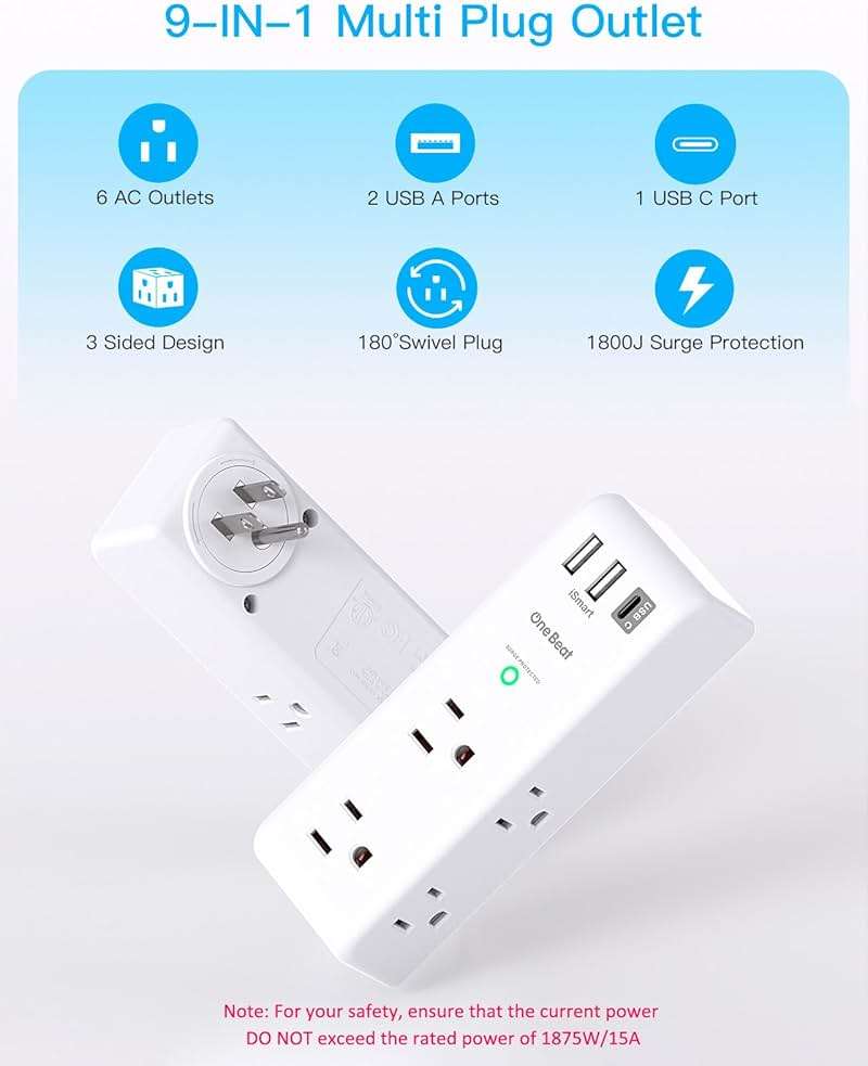 Surge Protector Outlet Extender - with Rotating Plug, 6 AC Multi Plug Outlet with 4 USB Ports (2 USB C), 1800J Wall Charger, 3-Sided Power Strip with Spaced Outlet Splitter for Home, Office, Travel - Image 3