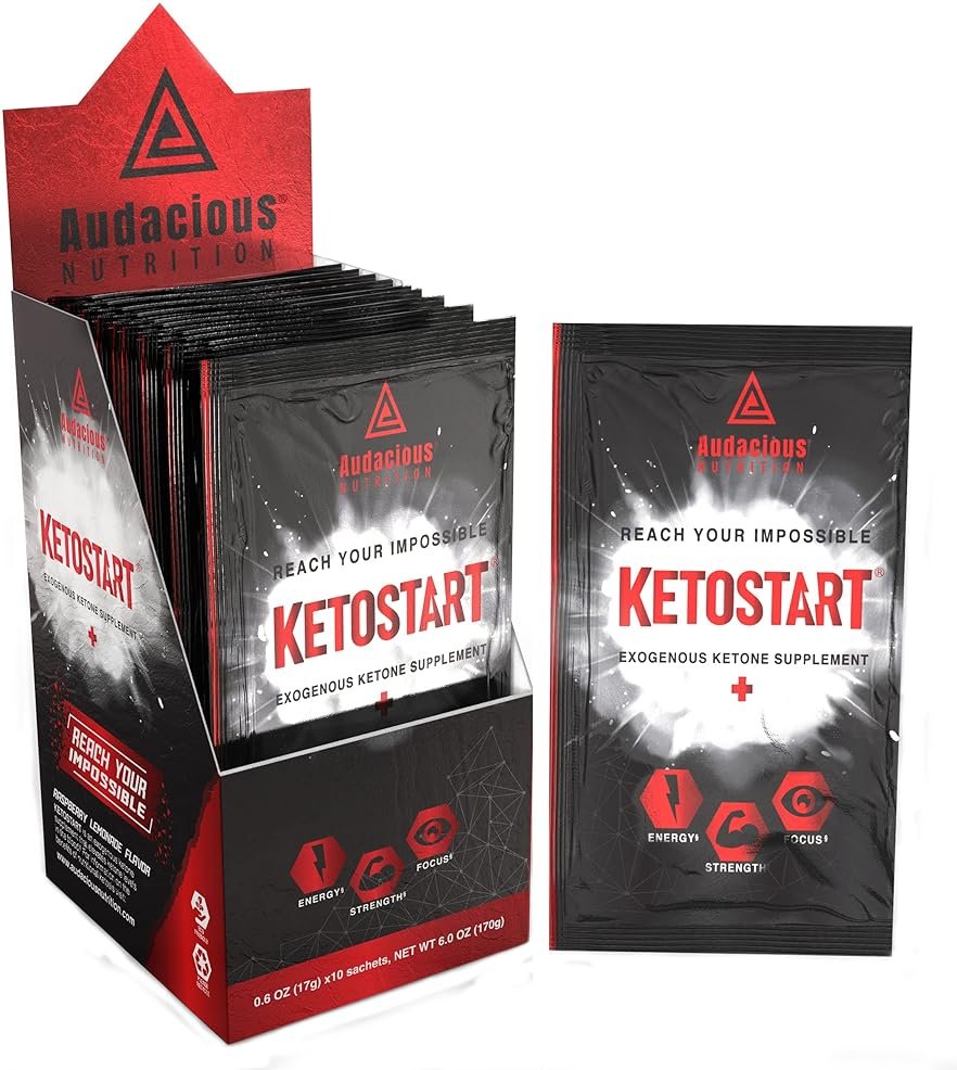 Audacious Nutrition KetoStart+ | Exogenous Ketones Powder with Electrolytes for Energy, Strength & Focus | with Caffeine | Raspberry Lemonade Flavor Electrolyte Powder (10x Ketones Drink Mix Packets) - Product Image