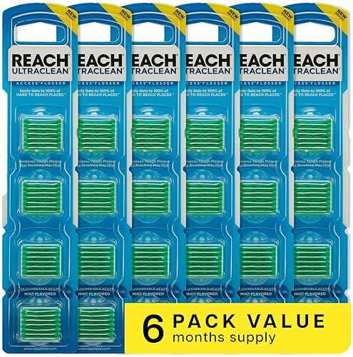 REACH Ultraclean Access Flosser Refill Heads, Mint, Plaque Remover for Teeth, Shred Resistant, for Hard to Reach Areas, Oral Care, PFAS Free, for Adults & Kids, 6 Pack, 28 Count - Image 1