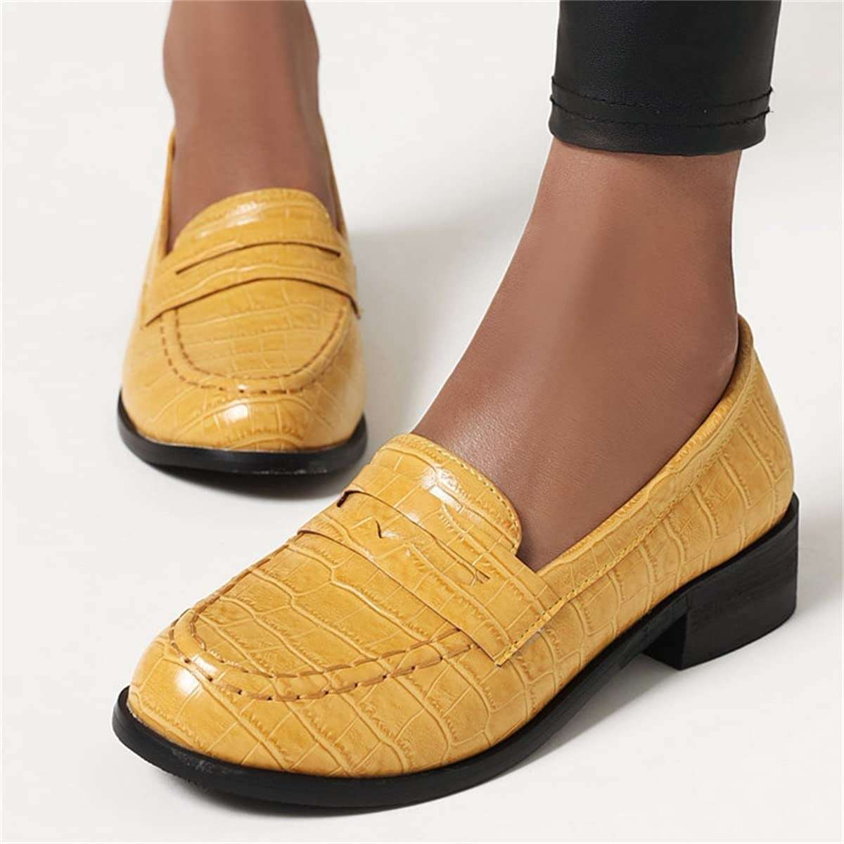 Elbslutt Women's Patent Leather Loafers Low Chunky Heel Slip On Pumps Round Toe Casual Shoes - Image 2