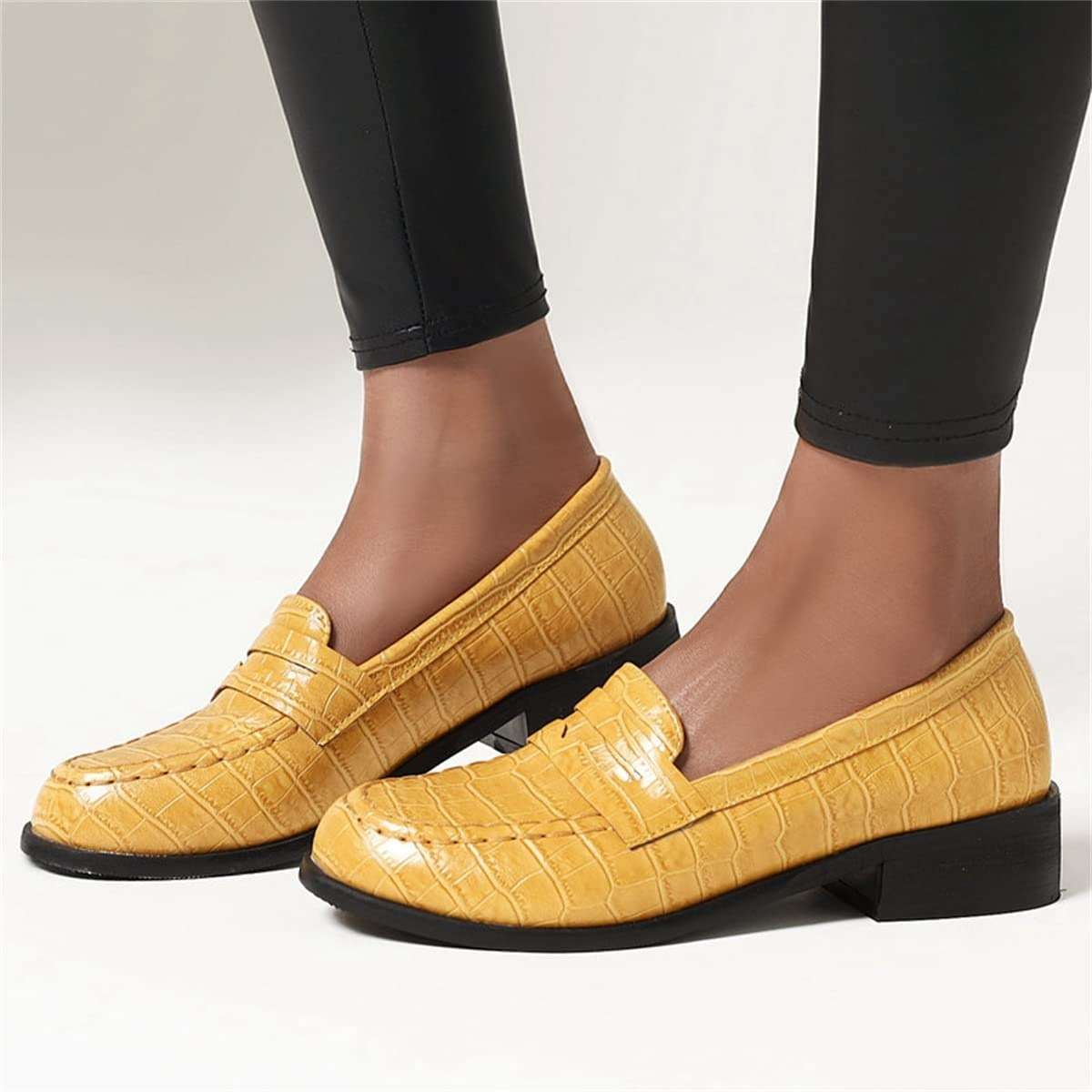 Elbslutt Women's Patent Leather Loafers Low Chunky Heel Slip On Pumps Round Toe Casual Shoes - Image 3