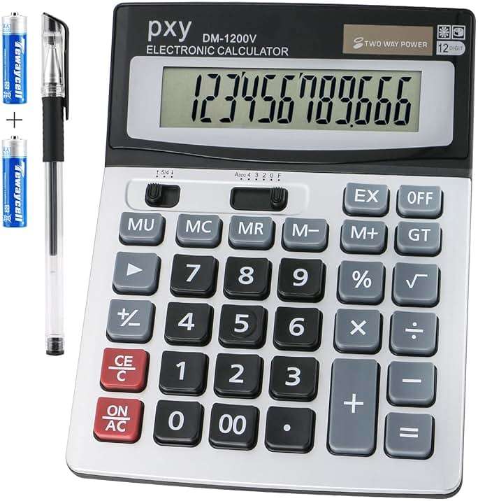Desk Calculator 12 Digit Extra Large LCD Display, Touch Comfortable with Big Buttons, PXY Two Way Power Battery and Solar Standard Function Office Calculators - Image 1
