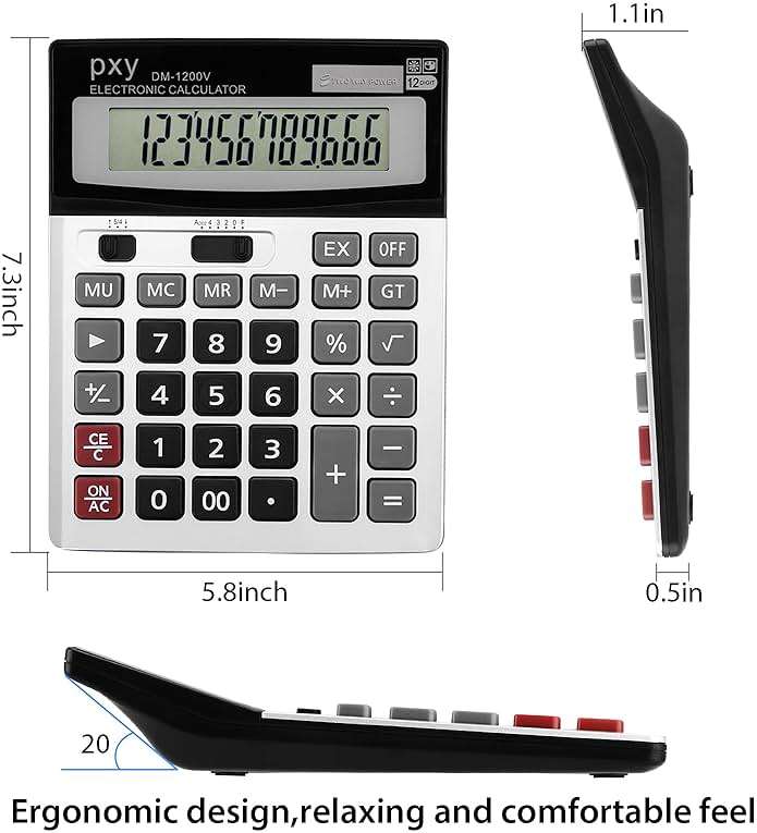 Desk Calculator 12 Digit Extra Large LCD Display, Touch Comfortable with Big Buttons, PXY Two Way Power Battery and Solar Standard Function Office Calculators - Image 2