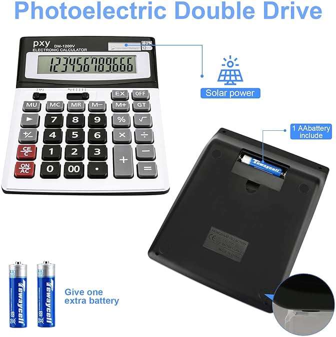 Desk Calculator 12 Digit Extra Large LCD Display, Touch Comfortable with Big Buttons, PXY Two Way Power Battery and Solar Standard Function Office Calculators - Image 3