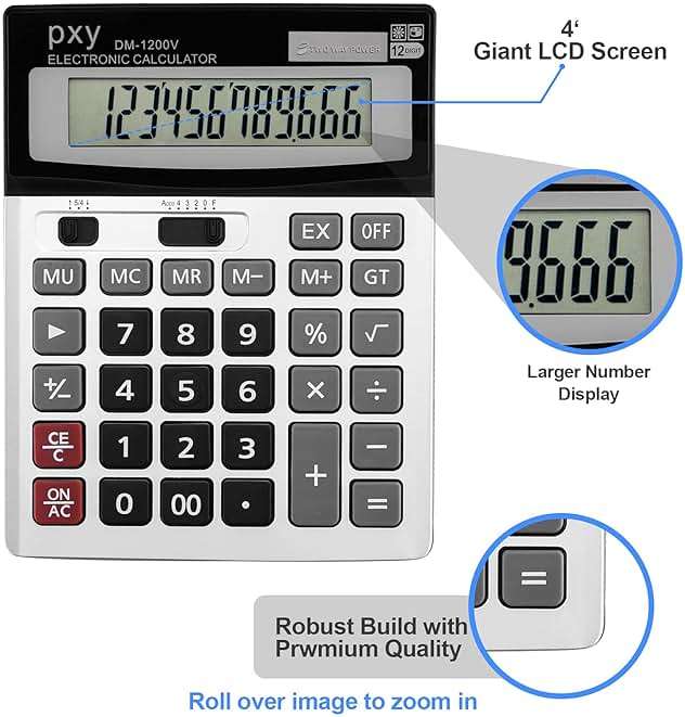 Desk Calculator 12 Digit Extra Large LCD Display, Touch Comfortable with Big Buttons, PXY Two Way Power Battery and Solar Standard Function Office Calculators - Image 4