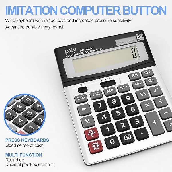 Desk Calculator 12 Digit Extra Large LCD Display, Touch Comfortable with Big Buttons, PXY Two Way Power Battery and Solar Standard Function Office Calculators - Image 5