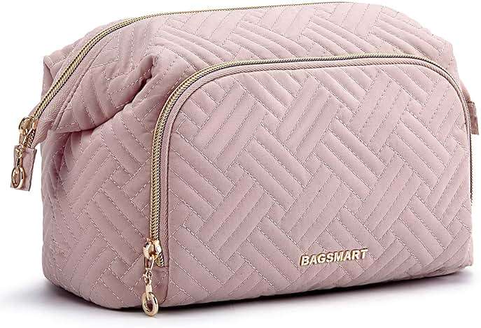BAGSMART Travel Makeup Bag, Cosmetic Bag Make Up Organizer Case,Large Wide-open Pouch for Women Purse for Toiletries Accessories Brushes Pink - Image 1