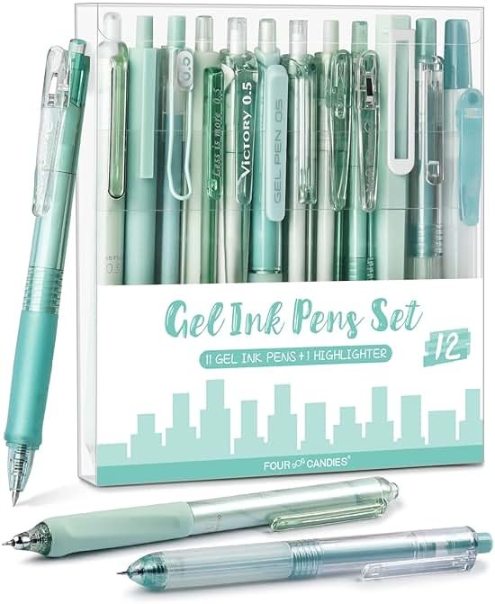 Four Candies Forest Series Gel Pens, Black & Green Ink Fine Point Smooth Writing Pens and Highlighter Set, Teal Office Supplies Back to School Stationery, Set of 12 - Product Image