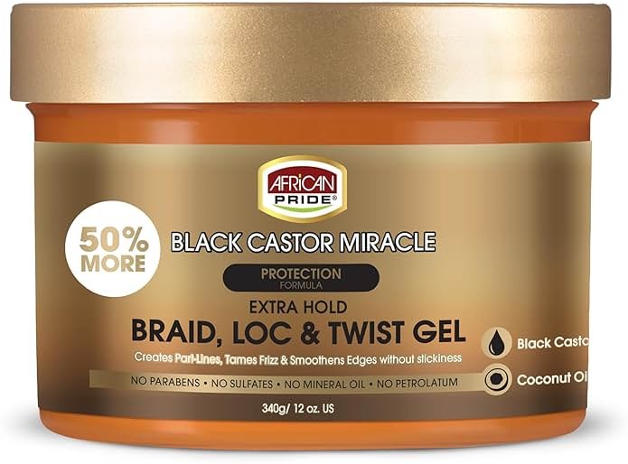African Pride Black Castor Miracle Extra Hold Braid, Loc, Twist Gel - Extreme Hold Braiding Hair Gel, Edge Control & Tames Frizz, No Flake | Natural Ingredients, Black Castor & Coconut Oil | 12oz - Product Image