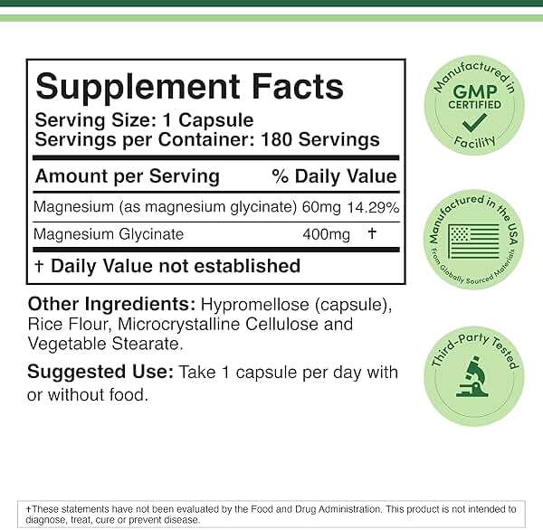 Magnesium Glycinate 400mg | 180 Capsules | Sleep, Muscle, & Heart Support | Vegan, Third Party Tested, Gluten Free, Non-GMO, by Double Wood Supplements - Image 2