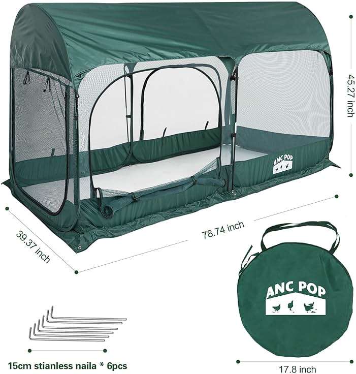ANC POP Portable Chicken Run Large Pop-Up Chicken Pen for Small Animals Outdoor Gardening Net with 3 Doors and Handbag, Easy to Install and Storage, Green - Image 5