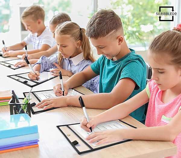 Scribbledo 6 Pack Dry Erase Pockets - Black Plastic Sleeves for Paper - Heavy Duty Clear Sleeves - Teacher Supplies for Classroom & Office - Image 4