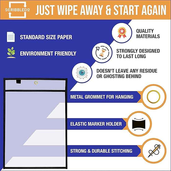 Scribbledo 6 Pack Dry Erase Pockets - Black Plastic Sleeves for Paper - Heavy Duty Clear Sleeves - Teacher Supplies for Classroom & Office - Image 7
