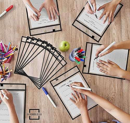 Scribbledo 6 Pack Dry Erase Pockets - Black Plastic Sleeves for Paper - Heavy Duty Clear Sleeves - Teacher Supplies for Classroom & Office - Image 8