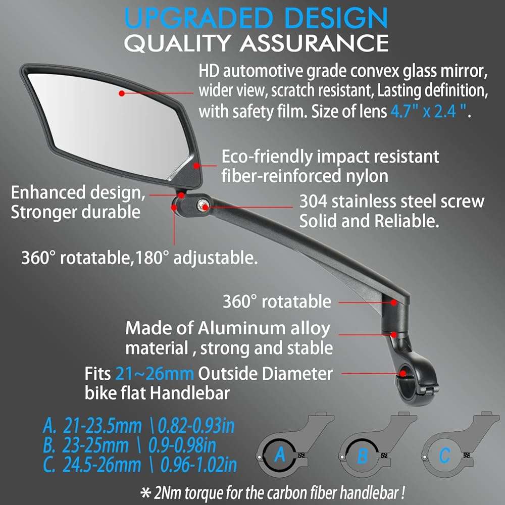 BriskMore Handlebar Bike Mirror - Crystal Clear HD Glass, 360° Adjustable&Foldable Mirror for Safe Riding, Wide Angle Rearview for E-Bikes, Mountain Bikes & Scooters,Bicycle Mirror - Image 3