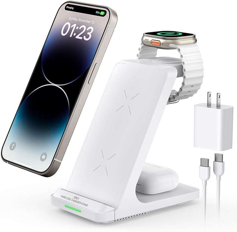 Wireless Charging Station, 3 in 1 Fast Wireless Charger Stand for Multiple Devices Apple Watch Ultra Series 11 10 9 8 7 6 SE 5 4 3 2, iPhone 17 16 15 14 13 12 11 Pro Max/Plus/Air/X/XS/XR/SE, Airpods - Image 1