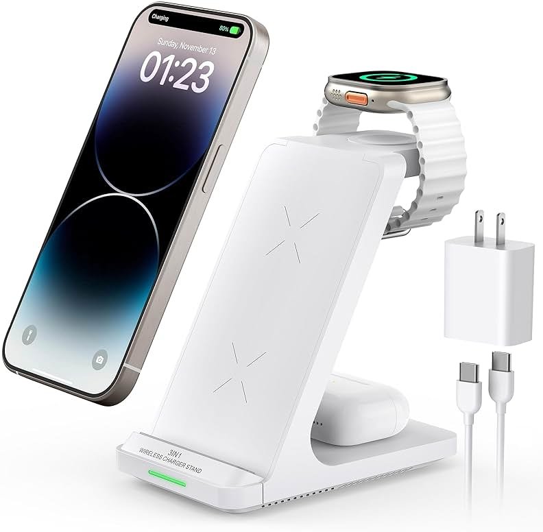 Wireless Charging Station, 3 in 1 Fast Wireless Charger Stand for Multiple Devices Apple Watch Ultra Series 11 10 9 8 7 6 SE 5 4 3 2, iPhone 17 16 15 14 13 12 11 Pro Max/Plus/Air/X/XS/XR/SE, Airpods - Product Image