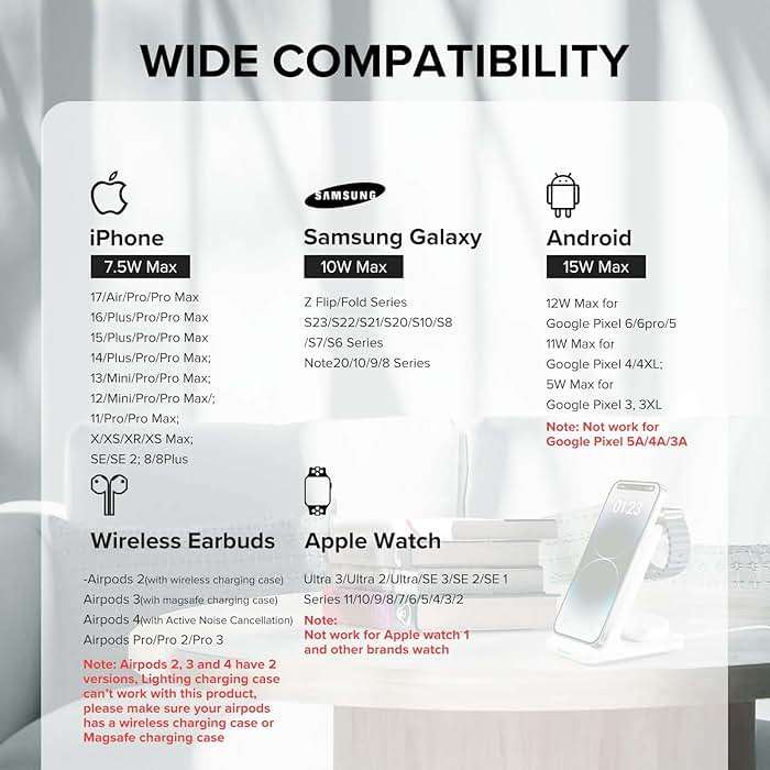 Wireless Charging Station, 3 in 1 Fast Wireless Charger Stand for Multiple Devices Apple Watch Ultra Series 11 10 9 8 7 6 SE 5 4 3 2, iPhone 17 16 15 14 13 12 11 Pro Max/Plus/Air/X/XS/XR/SE, Airpods - Image 3